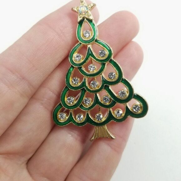 Vintage Christmas Tree Brooch Green Enamel Rhinestones Gold Tone Setting Holiday - Picture 1 of 5